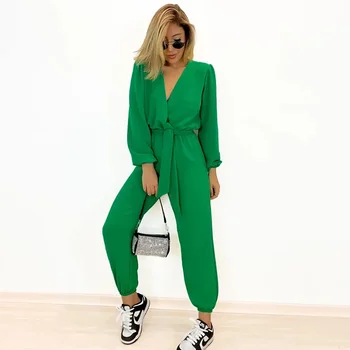 Jumpsuit Sieviešu Kombinezons Modes V-veida kakla Streetwear Lēkt Tērpi 2023 Rudens Ziemas Drēbes Gadījuma Mežģīņu-mežģīnes Kombinezonus Kopumā Traf