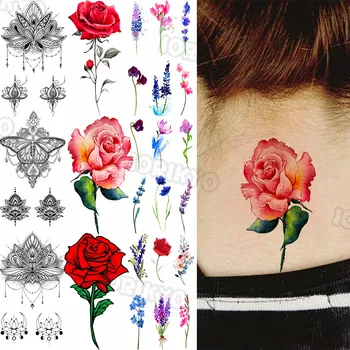 Spilgtas Krāsas Pagaidu Rožu Tetovējumiem Sievietēm, Meitenēm Reāli Lavandas Peonija Henna Viltus Tetovējumu Uzlīmes, Kakla, Roku Tatoos 3D