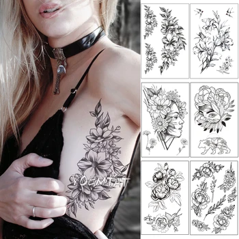 Ūdensnecaurlaidīgus Pagaidu Tetovējumu Uzlīmes Melnas Rozes Dizaina Tetovējums, Ziedu Roku Body Art Liels Liels Viltus Tatto Uzlīmes sievietēm